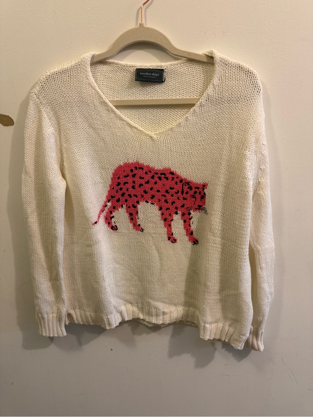Wooden Ships Cream V-Neck Sweater with Pink Leopard Motif
